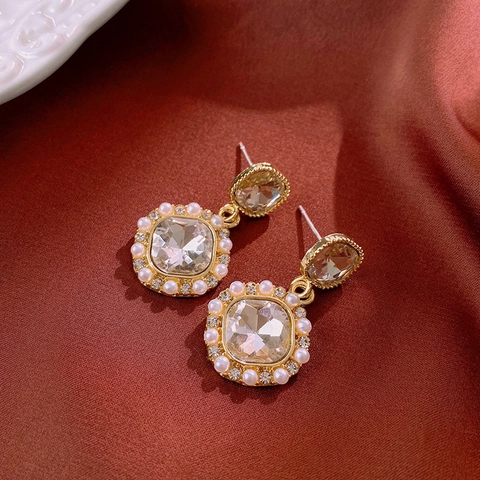 Orecchini Pendenti Quadrati In Cristallo Stile Francese Vintage Perla Artificial Geometrica Lega Con Perno In Argento