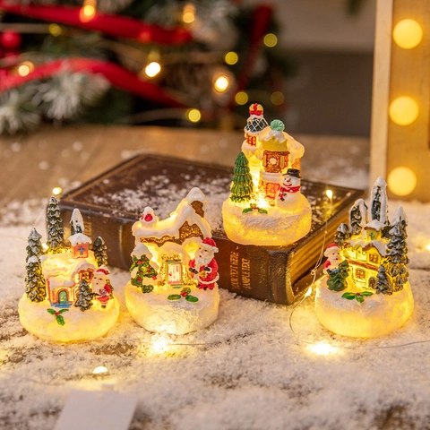 Weihnachten LED Leuchtendes Harz Ornament Weihnachtsmann Schneemann Haus Tischdekoration Festliches Winter Dorf Handbemalt