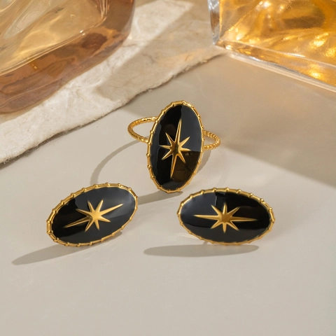 Vintage Starburst Jewelry Stainless Steel Enamel Oval Earrings And Adjustable Open Ring For Women Waterproof Luxury