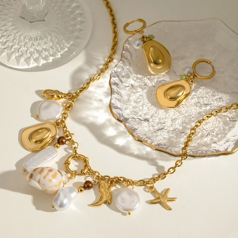 Bijoux Acier Inoxydable Perles Eau Douce Pendentif Coquillage Collier Coeur Boucles Oreilles Céramique Style Western Femmes