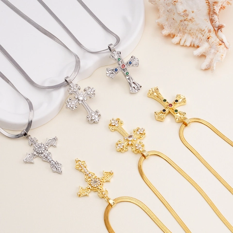 Collana con Ciondolo a Croce in Rame Vintage per Donna Catena a Serpente Strass Multicolore Perla Artificiale Gioielli di Moda