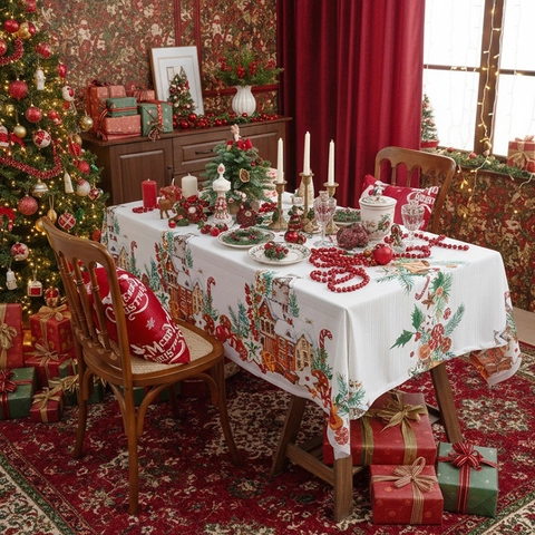 Christmas Tablecloth Polyester Rectangular Printed Festive Table Cover For Dining Room Party Holiday Decor Snowman Bells Pattern