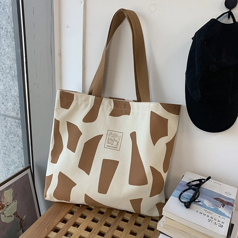 Canvas Tote Bag Large Capacity Cartoon Animal Geometric Print Zipper Closure Shoulder Bag Women Students School Daily Casual