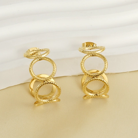 Vintage 18K Gold Plated Stainless Steel Hoop Earrings For Women Geometric Textured Interlocking C-Shaped Retro Jewelry