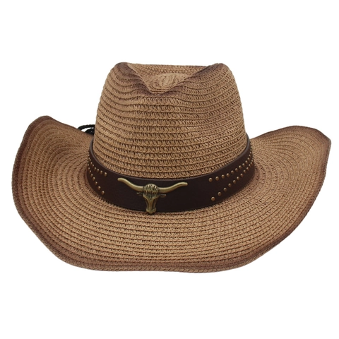 Western Cowboy Straw Hat With Bull Head Metal Decor Rivet Leather Band Wide Brim Sun Protection Breathable Beach Hat