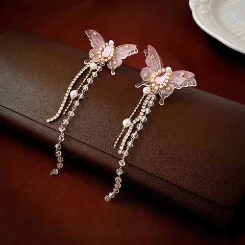 Pendientes De Borla De Mariposa Con Pasadores De Plata Aleación Diamante De Imitación Alas De Malla Perla Artificial Larga Colgante Para Mujer