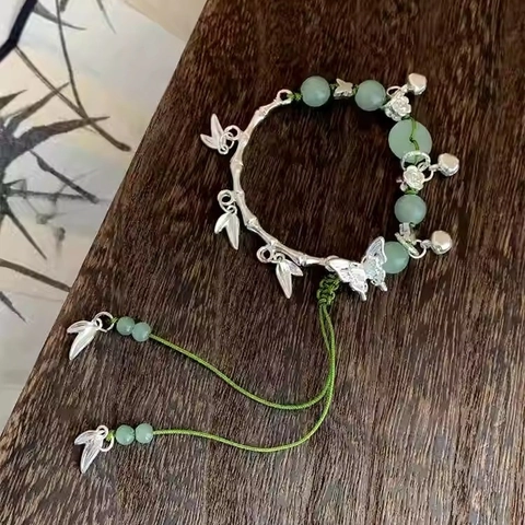 Bracciale Stile Cinese Vintage Lega Zinco Perle Resina Verde Farfalla Campanello Ciondoli Corda Regolabile Gioielli Donna