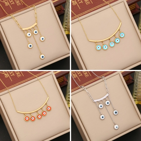 Evil Eye Halskette Edelstahl Gebogene Stange Multi Anhänger Quaste Schlüsselbeinkette Personalisiertes Schmuckgeschenk