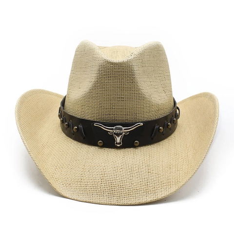 Western Cowboy Straw Hat Wide Brim Paper Straw Breathable Sun Protection Retro Vintage Bull Head Rivet Decor