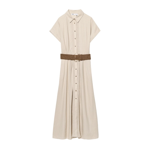 Women Short Sleeve Linen Blend Shirt Dress Belted Lapel Collar Button Down Slim Fit Solid Color Elegant Maxi Dress