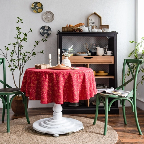 Christmas Bronzing Snowflake Round Tablecloth Red Green White Cotton Linen Blend Table Cover For Holiday Party Decoration