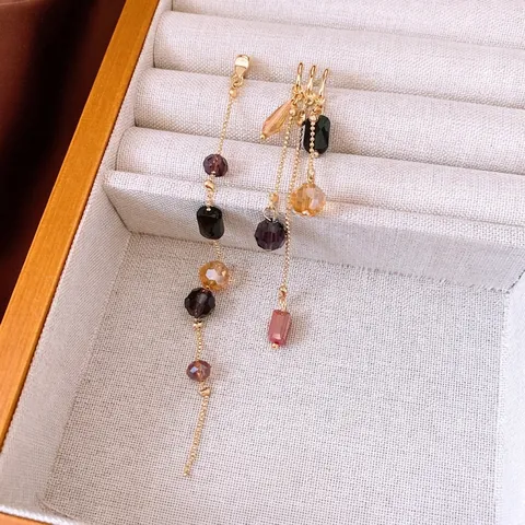 Asymmetric Long Tassel Drop Earrings With 925 Sterling Silver Earring Post Multi Color Glass Beads Copper Gold Tone