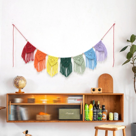Decorazione Da Parete In Macramè Arcobaleno Ghirlanda Con Nappine Striscione In Corda Di Cotone Fatto A Mano Boho Per Casa