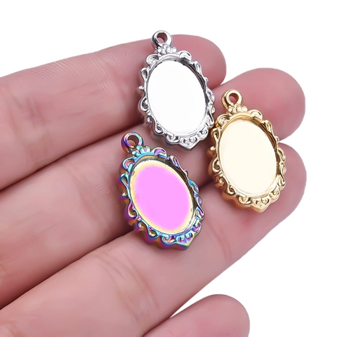Oval 304 Stainless Steel Pendant Base Settings Floral Edge Vintage DIY Jewelry Making Cabochon Tray