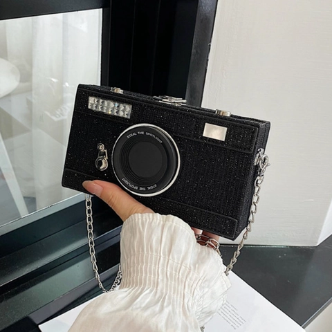 Creative Camera Shaped Crossbody Bag For Women Sequin Glitter PU Leather Chain Shoulder Purse Novelty Streetwear Mini Handbag