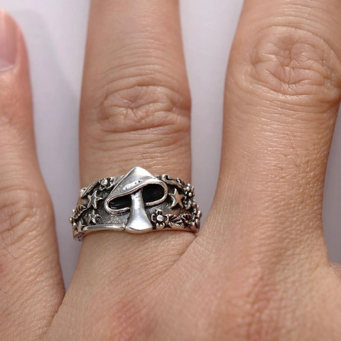 Vintage Mushroom Star Leaf Ring Antique Silver Zinc Alloy Gothic Punk Forest Style Finger Jewelry For Women