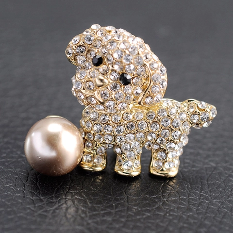 Cute Poodle Dog Brooch Alloy Full Rhinestone With Large Artificial Pearl Elegant Animal Lapel Pin For Women Fashion Jewelry Gift