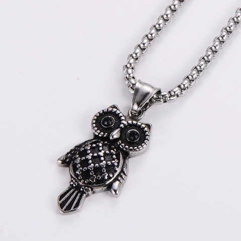 Owl Pendant Necklace 304 Stainless Steel Black Rhinestone Eyes Vintage Gothic Punk Jewelry For Men Women