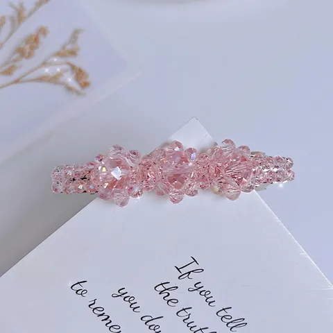 Pink Crystal Beaded Hair Clip Elegant Alloy Spring Barrette For Women Sweet Korean Style Sparkling Hairpin Accessory