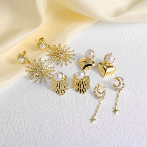 Pendientes De Perlas Artificiales Cobre Chapado En Oro 18K Con Poste De Oro 14K Corazón Abanico Estrella Joyas Vintage Mujer