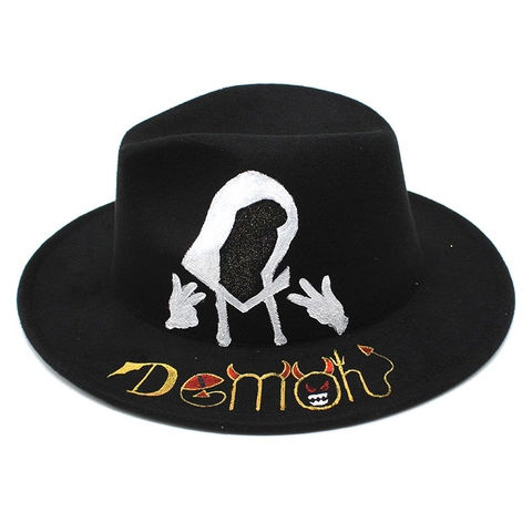 Sombrero Fedora Negro Fieltro De Lana Con Bordado Demon Patrón Pintado A Mano Street Style Ala Ancha Plana Para Adultos