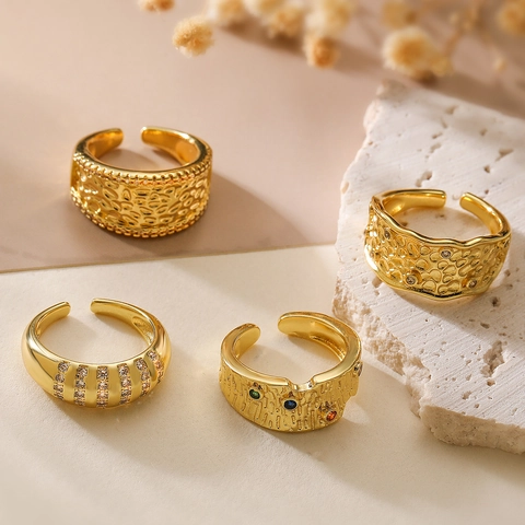 Vintage Gold Plated Copper Open Rings For Women Minimalist Hammered Irregular Texture Cubic Zirconia Adjustable Jewelry