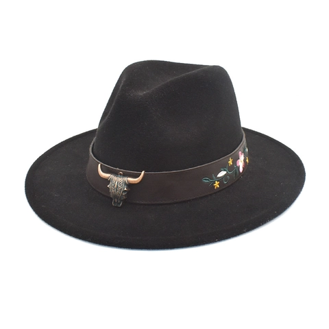 Fedora Hat Wide Brim Woolen Felt Vintage Bull Head Metal Decor Ethnic Flower Embroidery Western Cowboy Style Outdoor Sunshade