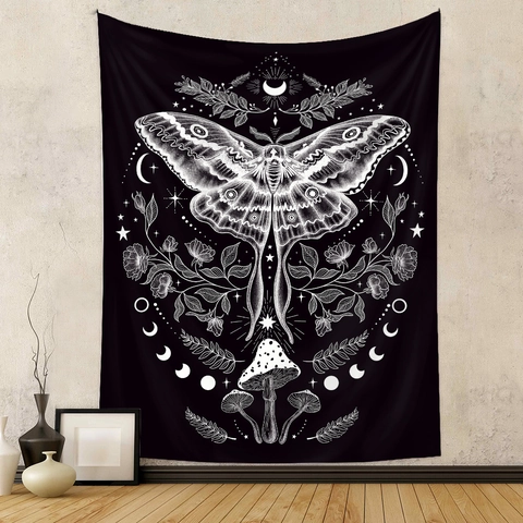 Tapestry Wall Hanging Polyester Moth Mushroom Moon Phase Stars Butterfly Vintage Bohemian Home Decor Aesthetic