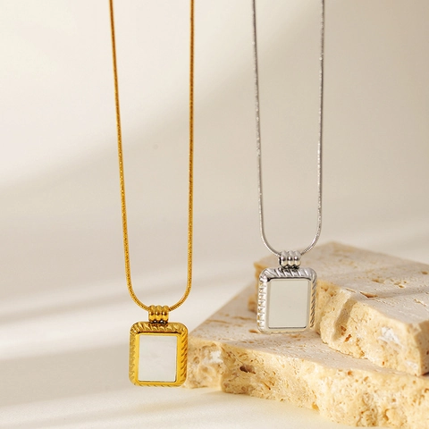 Collana Con Pendente In Madreperla Bianca Quadrata Acciaio Inossidabile Catena A Serpente Gioielli Minimalisti Vintage Francesi
