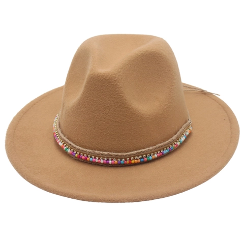 Fedora Hat Woolen Felt Wide Brim With Colorful Beads Rhinestone Ethnic Bohemian Vintage Jazz Hat For Women Men