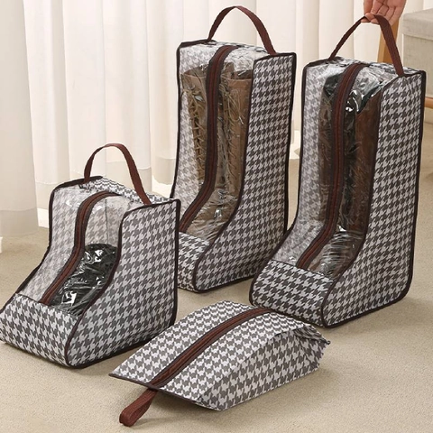 Portable Shoe Storage Bags Dustproof Boot Bags With Transparent Window Zippered Handle Travel Home Houndstooth Mesh