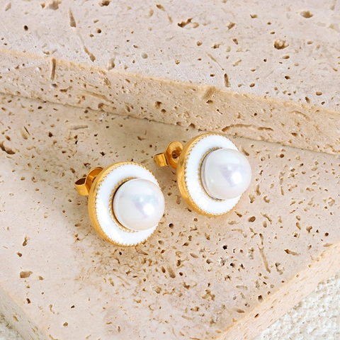 Orecchini A Lobo Vintage Acciaio Inoxidabile Perla Artificial Vetro Smalto Bianco Minimalista Tondo Geometrico Gioielli Donna
