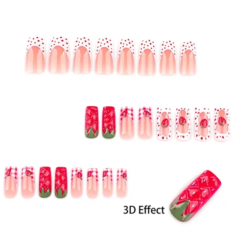 3D Aardbei Press On Nails Lange Vierkante Reliëf Franse Stijl Zoete Kunstnagels Rood Wit Geblokt Gestippeld Voor Vrouwen