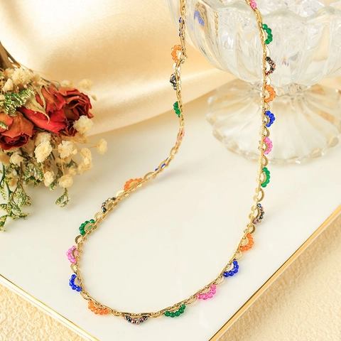 Boho Edelstahl Geometrischer Anhänger Halskette Für Damen Bunte Künstliche Perle Perlen Choker Mode Schmuck Party Zubehör