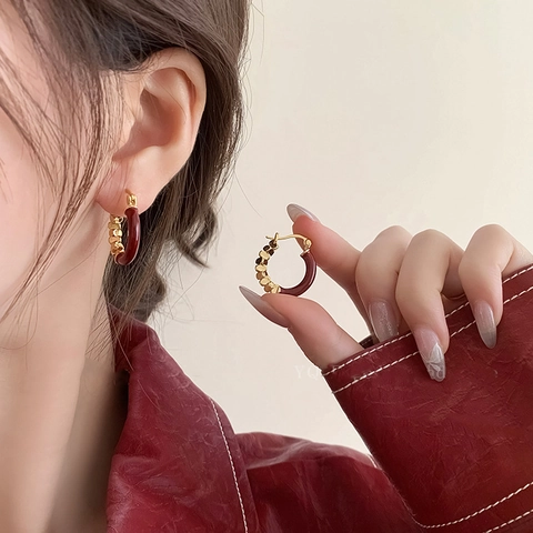 Retro Wine Red Heart Earrings Alloy With 925 Sterling Silver Earring Post Geometric Enamel Jewelry For Women