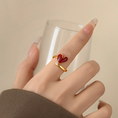 Anillo Abierto De Corazón Cobre Chapado En Oro 18K Esmalte Rojo Circón Ajustable Joyas De Moda Mujer