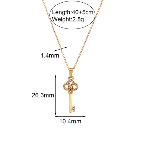 Luxury Stainless Steel Key Pendant Necklace For Women Vintage Hollow Electroplated Rhinestone Artificial Pearl Jewelry