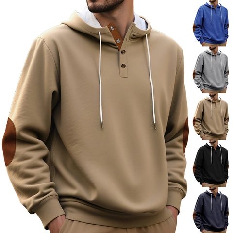 Sudadera Con Capucha Hombre Poliéster Punto Cuello Botones Parche Codo Casual Holgada Pullover Cordón