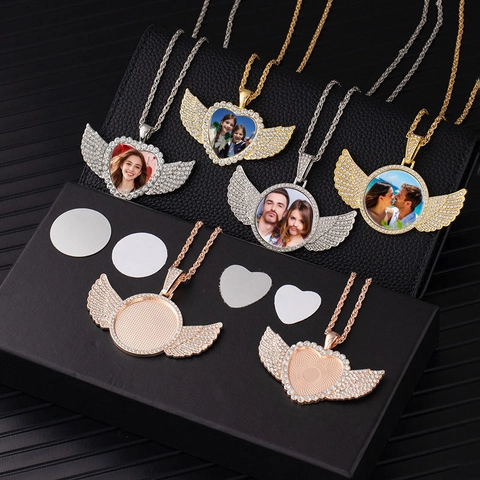 Collier Pendentif Ailes Ange Cœur Rond Alliage Strass Bling Bijoux Hip Hop Accessoires DIY Pour Femmes