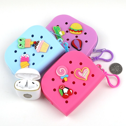 Mini Silicone Coin Purse Cartoon Hole Design Earphone Case With Detachable Charms Portable Zipper Storage Bag For Kids