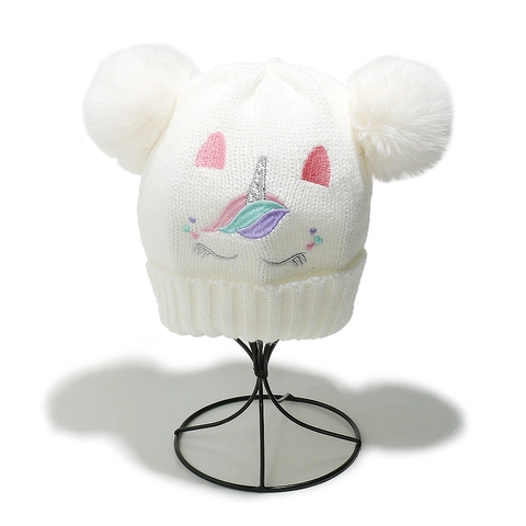 Kids Unicorn Embroidery Knitted Beanie Hat Double Pom Poms Fleece Lined Winter Warm Acrylic Soft For Girls