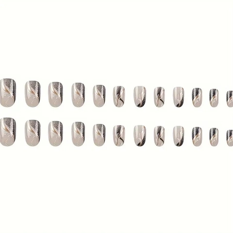 Faux Ongles À Presser Longs Ovales Style Français Texture Marbre Paillettes Manucure Élégante Pour Femmes Avec Colle Gelée