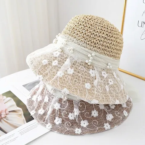 French Elegant Straw Bucket Hat Women UV Protection Breathable Floral Lace Artificial Pearl Mesh Bow Sunshade Summer