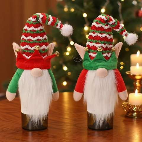 Christmas Gnome Wine Bottle Cover Knitted Elf Topper With Faux Fur Beard Small Bell Holiday Table Dinner Decor