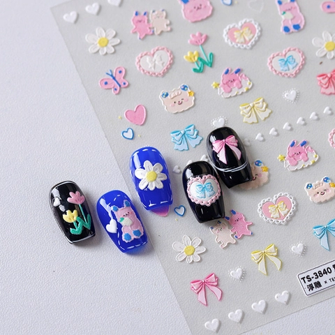 3D Relief Cartoon Bear Nail Art Stickers Matte Thin Transparent Adhesive Embossed Decals Hearts Flowers Butterfly For Women Kids Manicure Decoration