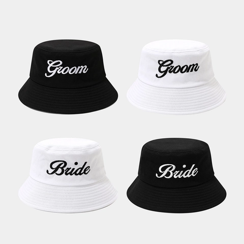 Bucket Hat Baumwolle Stickerei Bride Groom Hochzeit Party Sonnenhut Lässig Outdoor Kopfbedeckung Für Paare