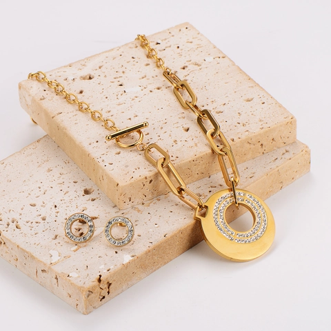 Elegant Necklace And Earrings Set 18K Gold Plated Stainless Steel Rhinestone Hollow Circle Pendant Paperclip Chain T-Bar