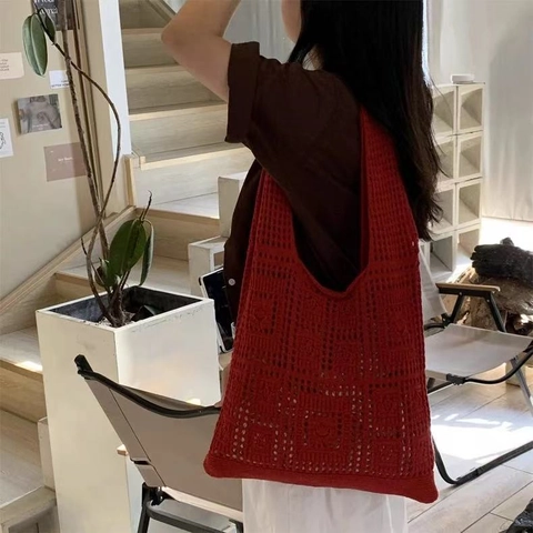 Borsa A Spalla In Maglia Uncinetto Traforata Motivo Geometrico Grande Capacità Tote Boho Casual Per Donne Vacanze