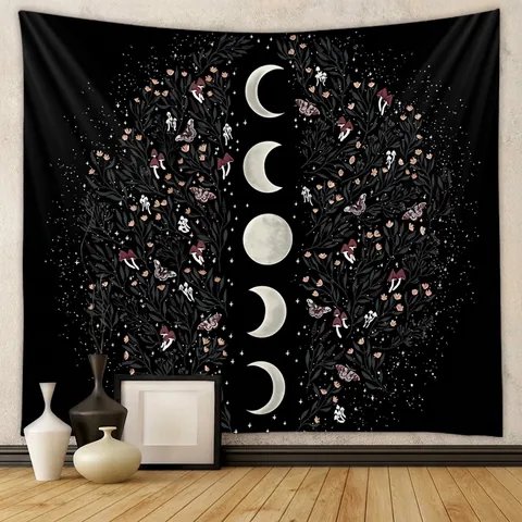 Tapestry Wall Hanging Moon Phase Floral Aesthetic Bohemian Polyester Fabric Mystic Starry Night Botanical Home Decor