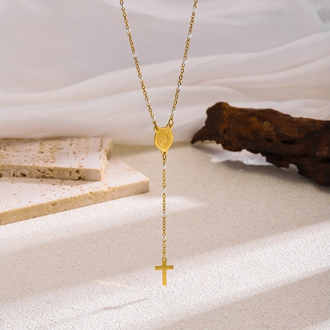 Rosary Necklace And Bracelet Stainless Steel Gold Plated Virgin Mary Medal Cross Pendant Religious Fashion Women